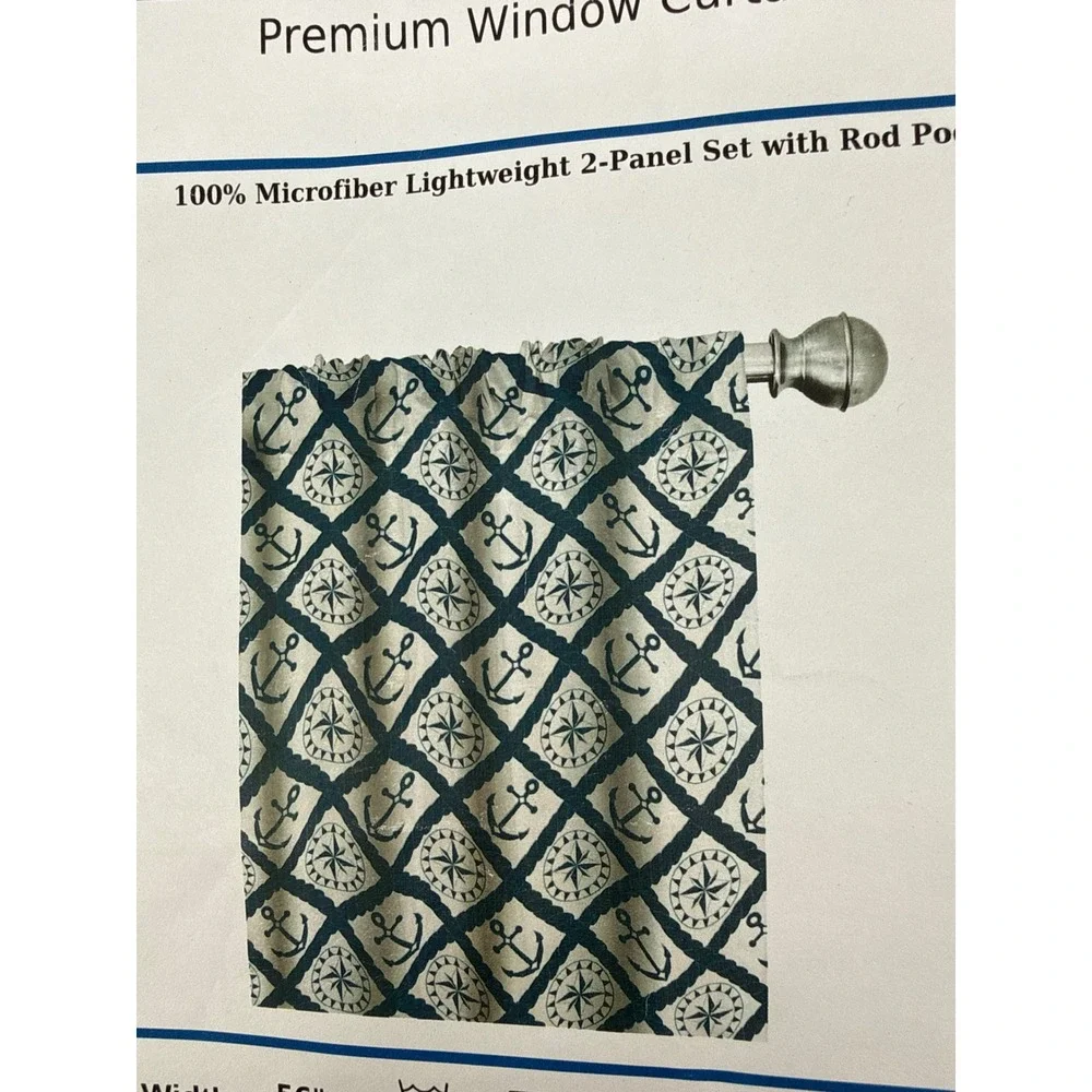 Ambesonne Nautical Anchor Compass Window Curtains Navy White 2 Panels 56x84